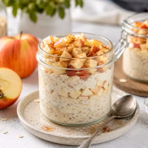 Overnight Oats Apfel mit Zimt im Glas mit Haferflocken, Apfelstücken und Zimt als vorbereitetes Frühstück für entspannte Morgen