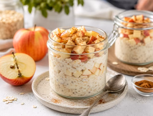 Overnight Oats Apfel mit Zimt im Glas mit Haferflocken, Apfelstücken und Zimt als vorbereitetes Frühstück für entspannte Morgen