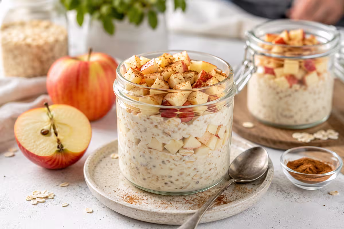 Overnight Oats Apfel mit Zimt im Glas mit Haferflocken, Apfelstücken und Zimt als vorbereitetes Frühstück für entspannte Morgen
