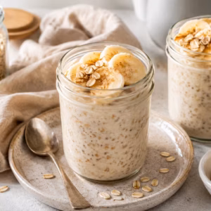 Cremige Overnight Oats Banane im Glas mit Bananenscheiben, Haferflocken und Zimt als vorbereitetes Frühstück auf hellem Tisch.