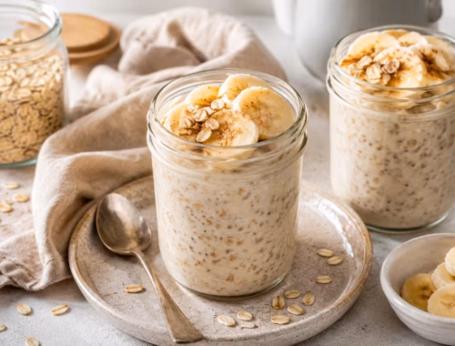 Cremige Overnight Oats Banane im Glas mit Bananenscheiben, Haferflocken und Zimt als vorbereitetes Frühstück auf hellem Tisch.