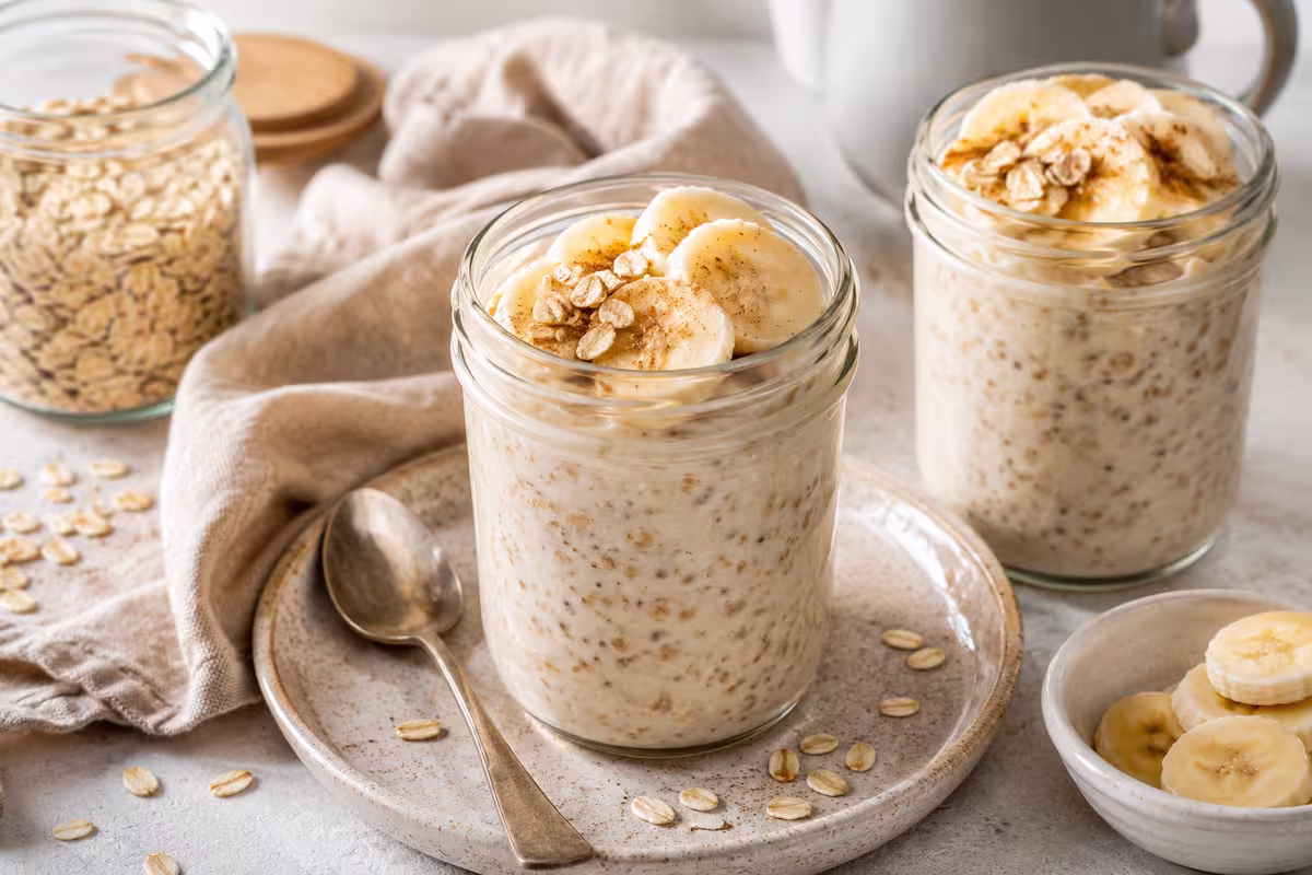 Cremige Overnight Oats Banane im Glas mit Bananenscheiben, Haferflocken und Zimt als vorbereitetes Frühstück auf hellem Tisch.