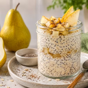 Cremige Overnight Oats Birne mit Chiasamen im Glas, dekoriert mit frischen Birnenstücken und Zimt auf hellem Frühstückstisch