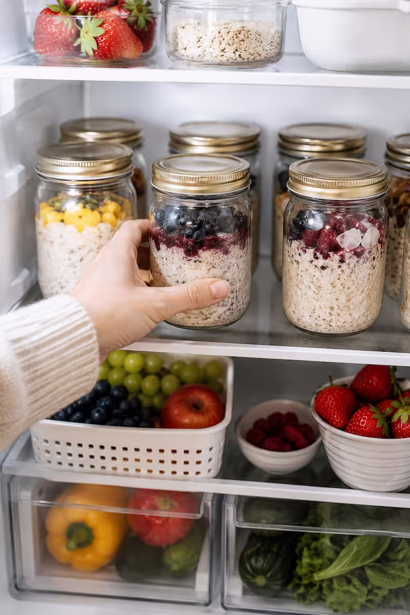 Meal-Prep-Szene mit mehreren Overnight-Oats-Gläsern im Kühlschrank, frische Früchte daneben