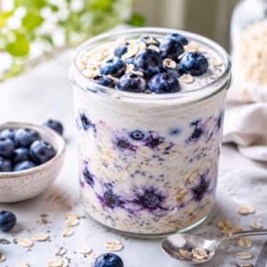 Cremige Overnight Oats Heidelbeeren mit Joghurt im Glas, garniert mit frischen Heidelbeeren und Haferflocken auf hellem Frühstückstisch bei natürlichem Tageslicht.