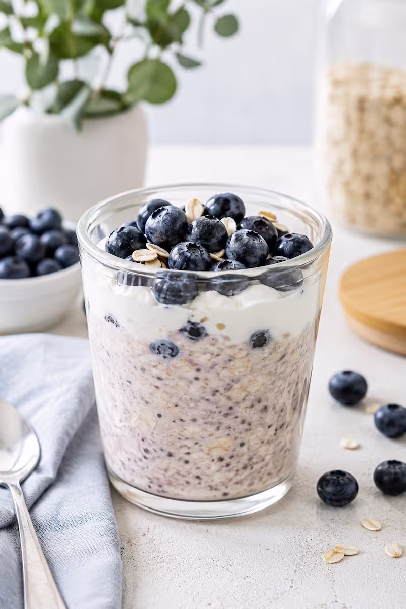 Glas mit cremigen Overnight Oats, Heidelbeeren und Naturjoghurt auf hellem Frühstückstisch
