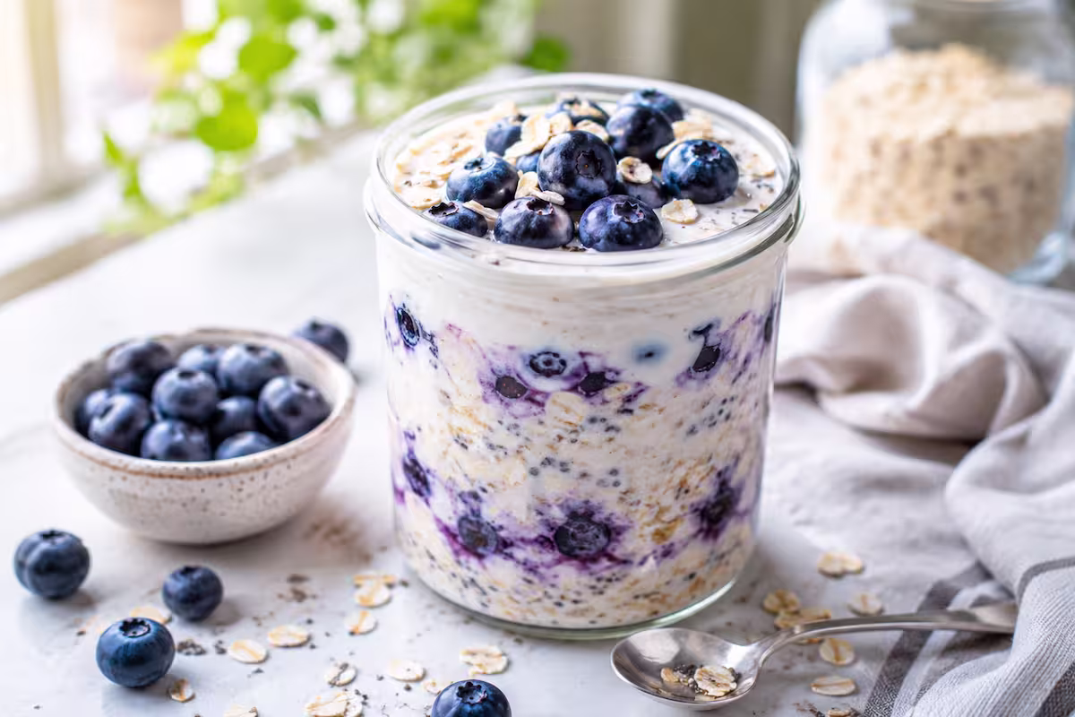 Cremige Overnight Oats Heidelbeeren mit Joghurt im Glas, garniert mit frischen Heidelbeeren und Haferflocken auf hellem Frühstückstisch bei natürlichem Tageslicht.