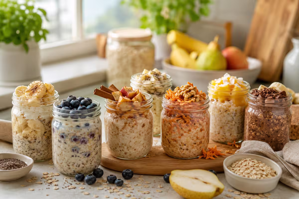 Verschiedene Gläser mit frischen Früchten und Haferflocken auf hellem Küchentisch, kreative Meal-Prep-Ideen für bekömmliche Overnight Oats und entspannte Frühstücksmomente.