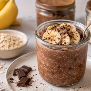 Schoko Overnight Oats mit Banane im Glas auf hellem Küchentisch mit Haferflocken, Schokostücken und frischen Bananenscheiben als cremiges Frühstück im Meal-Prep-Stil