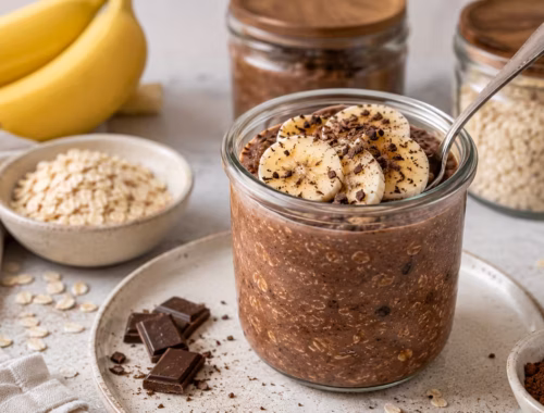 Schoko Overnight Oats mit Banane im Glas auf hellem Küchentisch mit Haferflocken, Schokostücken und frischen Bananenscheiben als cremiges Frühstück im Meal-Prep-Stil