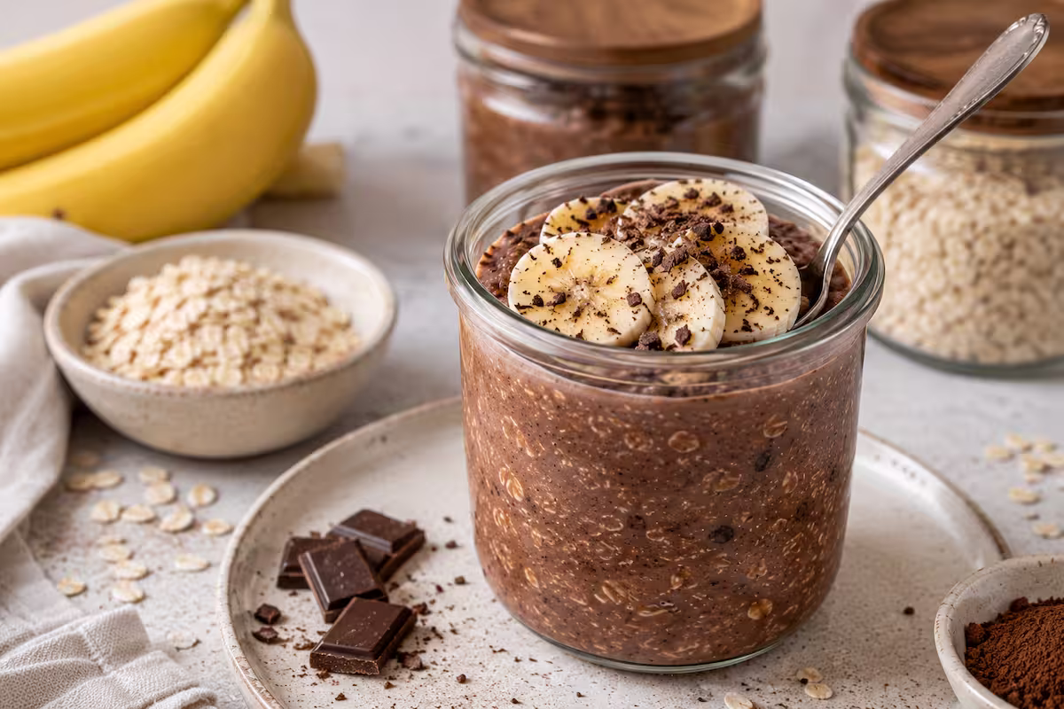 Schoko Overnight Oats mit Banane im Glas auf hellem Küchentisch mit Haferflocken, Schokostücken und frischen Bananenscheiben als cremiges Frühstück im Meal-Prep-Stil