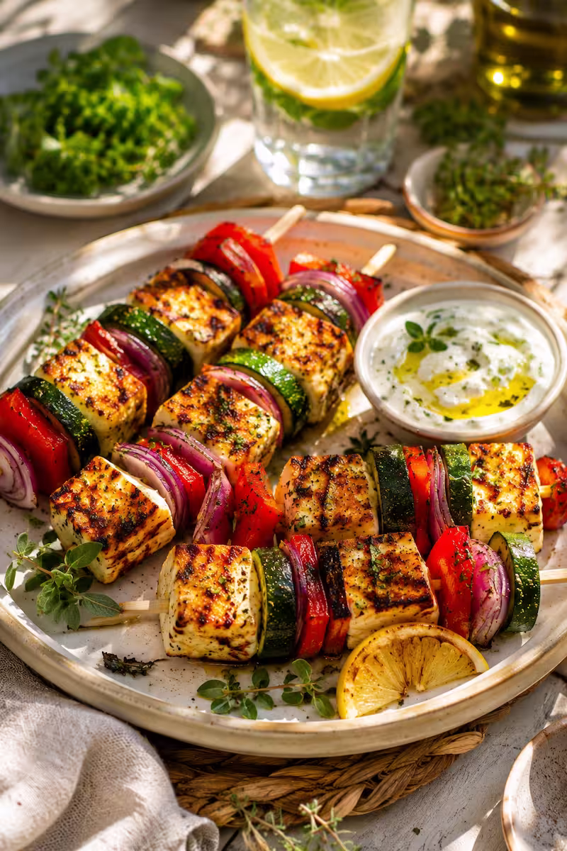 Servierte Halloumi-Gemüsespieße Servierte Halloumi-Gemüsespieße auf hellem Keramikteller mit Kräuterdip, Zitronenscheiben und sommerlicher Tischszene, warme Food-Fotografie