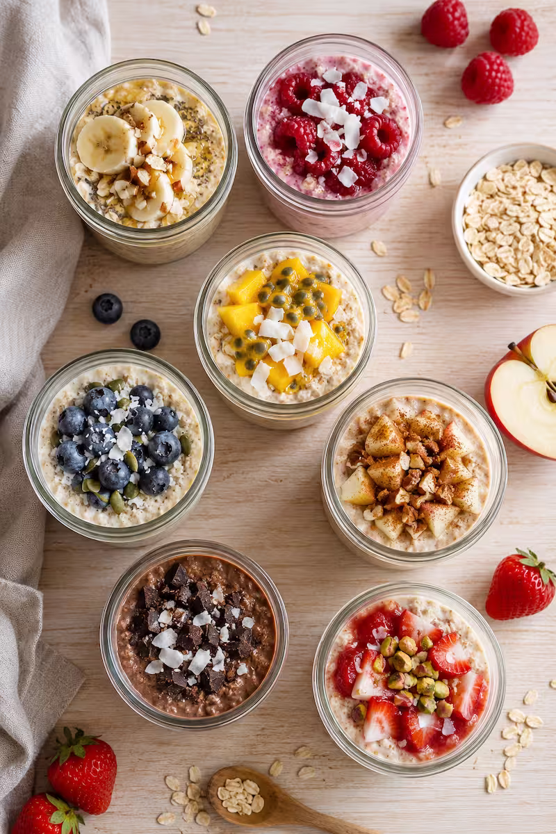 Sieben verschiedene Overnight-Oats-Gläser auf hellem Holztisch, Top-Down Food-Fotografie, Früchte und Haferflocken sichtbar, natürliche Morgenstimmung