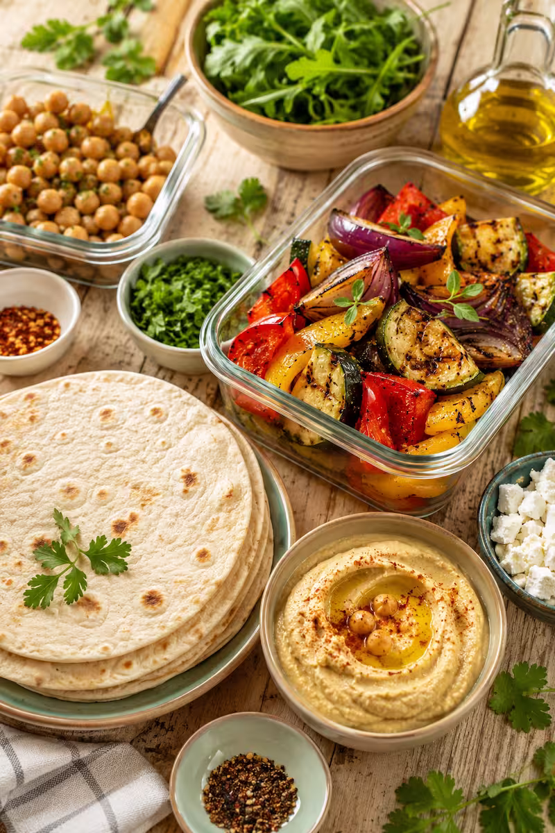 Tortillas, gegrilltem Gemüse Meal-Prep-Szene mit Tortillas, gegrilltem Gemüse, Hummus, Kräutern und Feta in kleinen Schalen auf hellem Holztisch