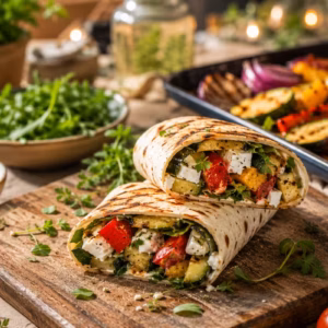 Vegetarische Wraps vom Grill mit gegrillter Paprika, Zucchini und Feta auf rustikalem Holzbrett, sommerliche Foodfotografie im mediterranen Stil