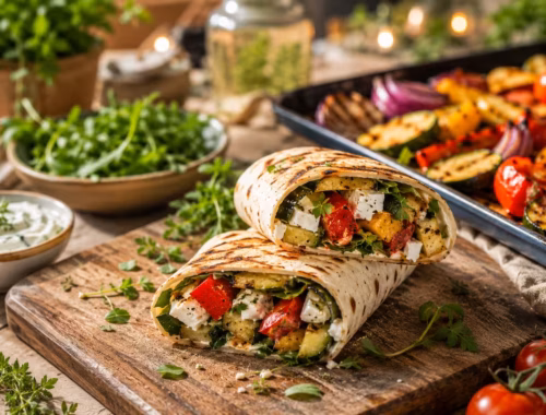 Vegetarische Wraps vom Grill mit gegrillter Paprika, Zucchini und Feta auf rustikalem Holzbrett, sommerliche Foodfotografie im mediterranen Stil