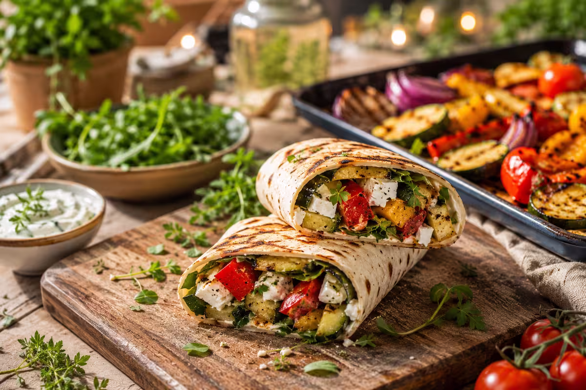 Vegetarische Wraps vom Grill mit gegrillter Paprika, Zucchini und Feta auf rustikalem Holzbrett, sommerliche Foodfotografie im mediterranen Stil