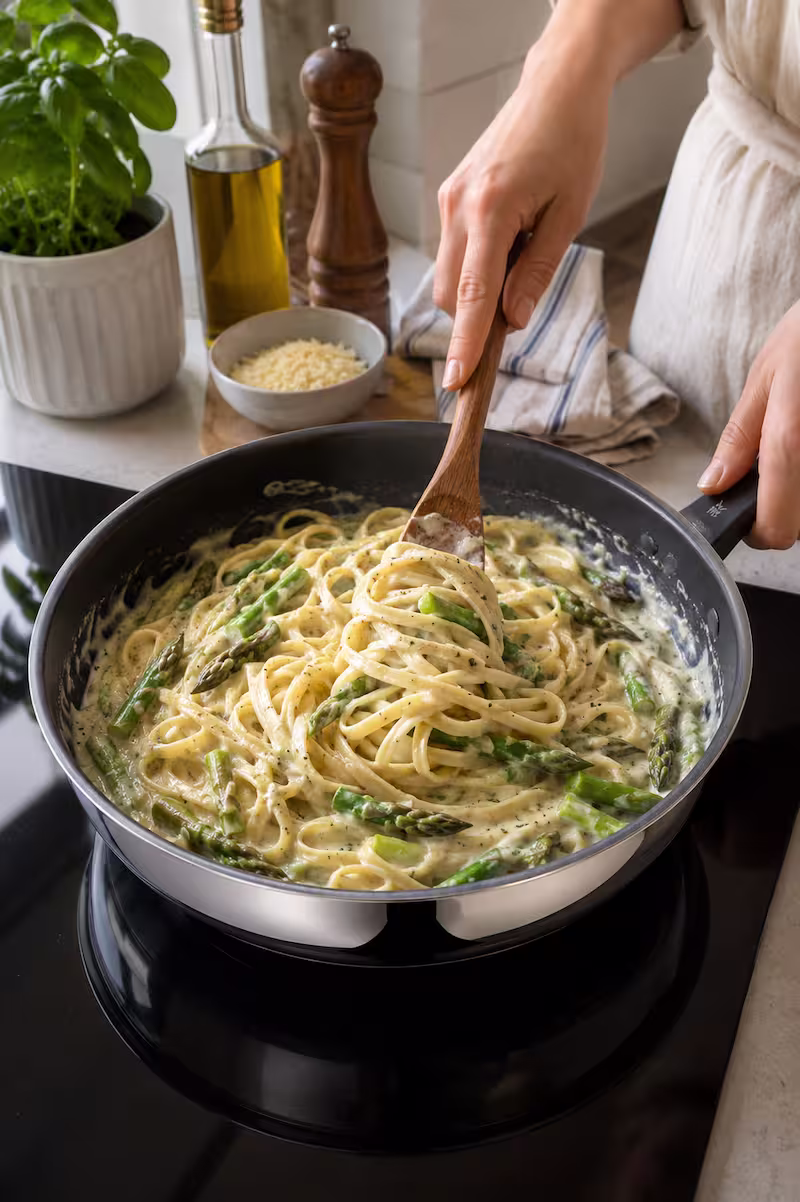 Alltagsszene beim Vermengen von cremiger Pasta und Spargel in einer großen Pfanne