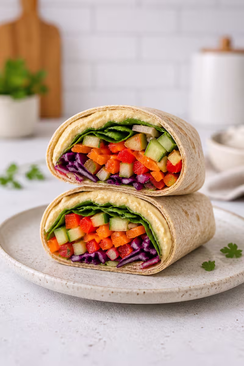 Wrap halbiert mit sichtbarer Gemüsefüllung und Hummus, heller Küchenhintergrund