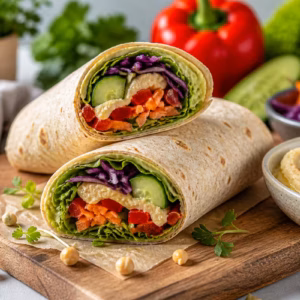 Wraps mit Hummus gefüllt mit frischem Gemüse wie Gurke, Paprika und Karotte auf Holzbrett angerichtet, daneben Schale mit Hummus und Zutaten im Hintergrund