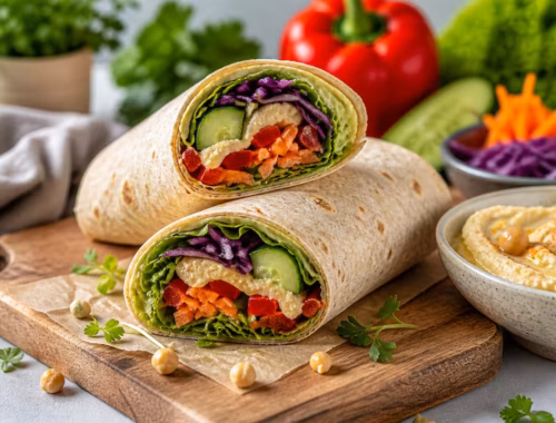 Wraps mit Hummus gefüllt mit frischem Gemüse wie Gurke, Paprika und Karotte auf Holzbrett angerichtet, daneben Schale mit Hummus und Zutaten im Hintergrund