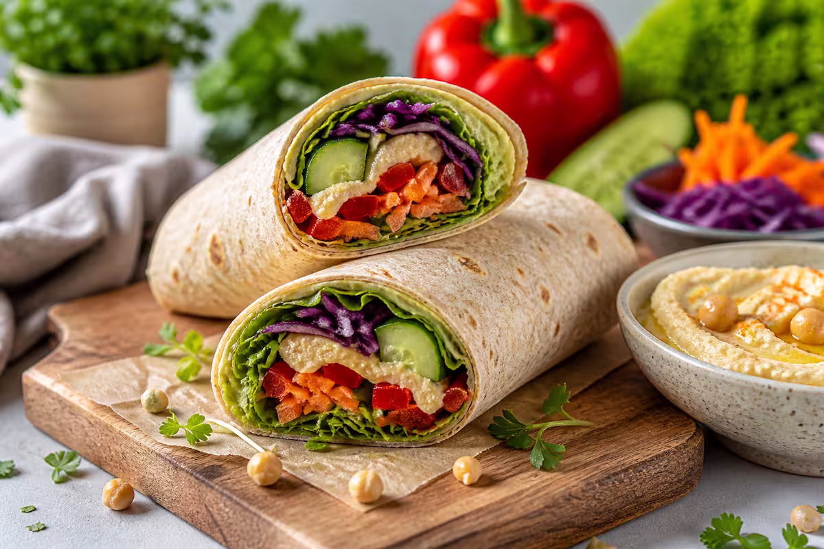 Wraps mit Hummus gefüllt mit frischem Gemüse wie Gurke, Paprika und Karotte auf Holzbrett angerichtet, daneben Schale mit Hummus und Zutaten im Hintergrund