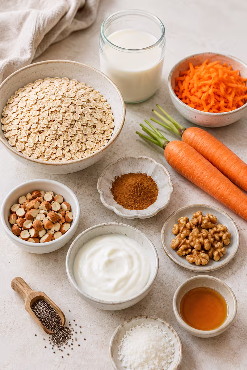 Zutaten für Carrot Cake Overnight Oats Zutaten für Carrot Cake Overnight Oats auf heller Küchenplatte mit Haferflocken, Karotten, Zimt und Mandeln
