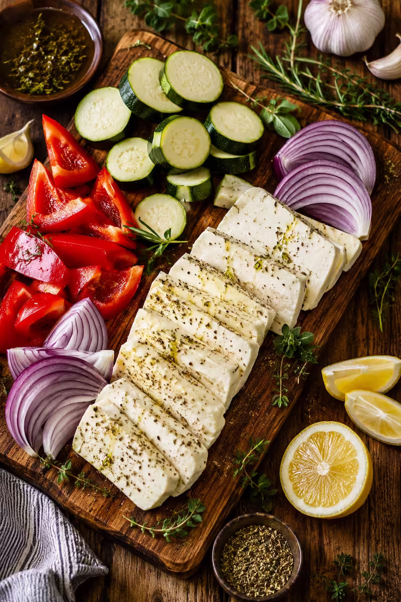 Zutaten für Halloumi Spieße Holzbrett mit vorbereiteten Zutaten für Halloumi Spieße, geschnittener Halloumi, Paprika, Zucchini, rote Zwiebeln, frische Kräuter, Zitronenspalten, mediterrane Flatlay-Szene