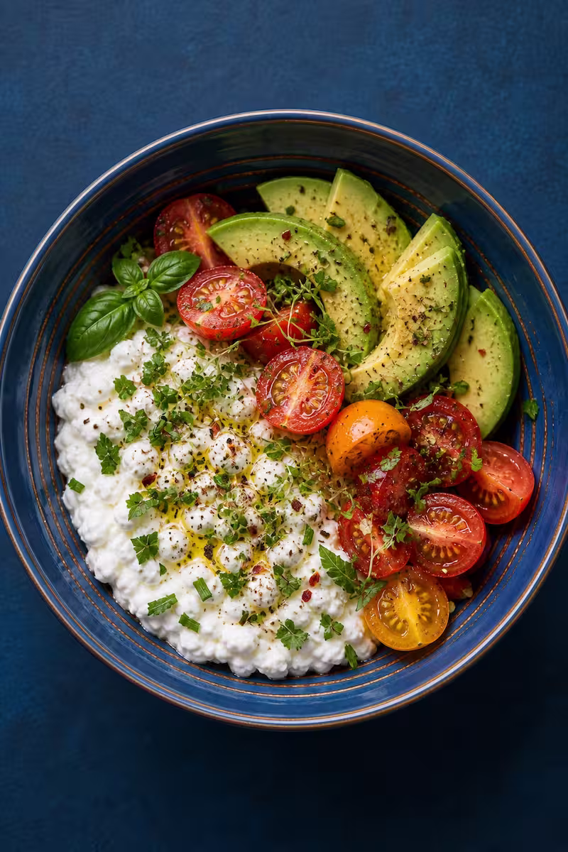 herzhafte Hüttenkäse Bowl mit Avocado, Tomaten und Kräutern