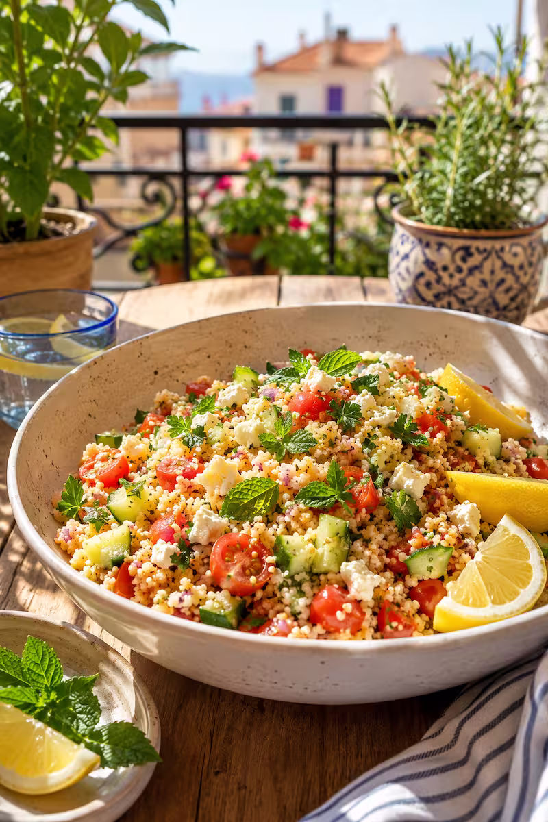 Mediterraner Couscous Salat in großer heller Keramik-Bowl auf Holztisch, Gurke, Tomaten, Kräuter und Zitronenspalten sichtbar, warme Sommerlicht-Stimmung auf Balkonterrasse