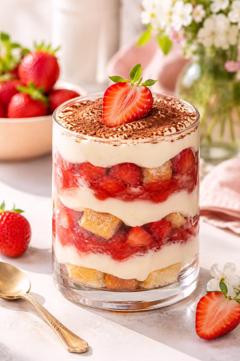 Erdbeer Tiramisu im Glas mit sichtbaren Schichten aus Creme, Erdbeerpüree, Erdbeerstücken und Löffelbiskuit auf hellem Sommertisch