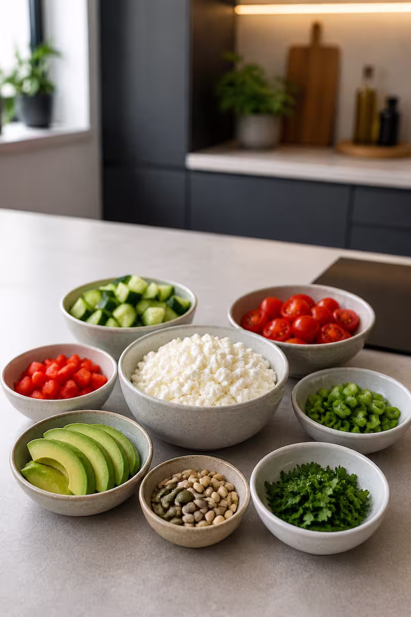 vorbereitete Zutaten für Hüttenkäse Bowl in kleinen Schalen