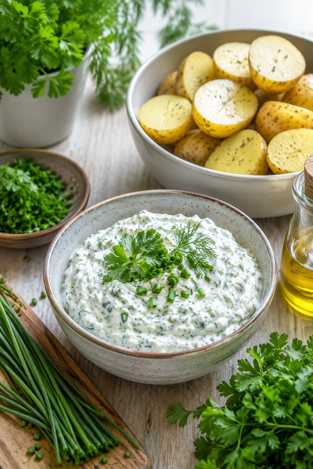 ChatGPT Image 1. Juni 2026, 21_22_07 Schüssel mit Kräuterquark und frischen Kräutern neben vorbereiteten Kartoffeln, Meal-Prep-Szene auf hellem Holztisch