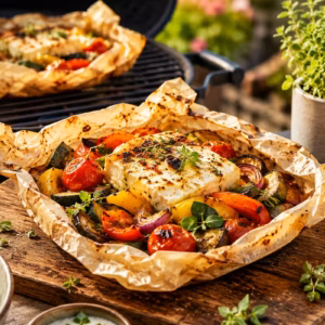 Gemüse grillen: Saftige Gemüsepäckchen mit Feta vom Grill 5 Gemüse grillen mit saftigen Gemüsepäckchen und würzigem Feta vom Grill auf einem Holztisch im Freien, mit Zucchini, Paprika, Tomaten, Kräutern und Zitrone auf einem sommerlichen Balkon- oder Terrassengrill.