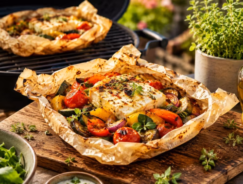 Gemüse grillen mit saftigen Gemüsepäckchen und würzigem Feta vom Grill auf einem Holztisch im Freien, mit Zucchini, Paprika, Tomaten, Kräutern und Zitrone auf einem sommerlichen Balkon- oder Terrassengrill.