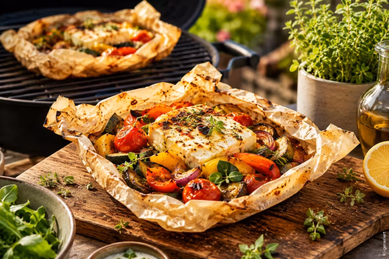 Gemüse grillen: Saftige Gemüsepäckchen mit Feta vom Grill 4 Gemüsepäckchen mit Feta vom Grill