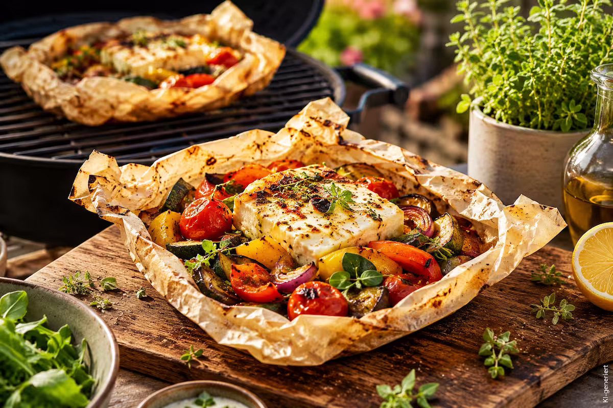 Gemüse grillen: Saftige Gemüsepäckchen mit Feta vom Grill 2 Gemüse grillen mit saftigen Gemüsepäckchen und würzigem Feta vom Grill auf einem Holztisch im Freien, mit Zucchini, Paprika, Tomaten, Kräutern und Zitrone auf einem sommerlichen Balkon- oder Terrassengrill.