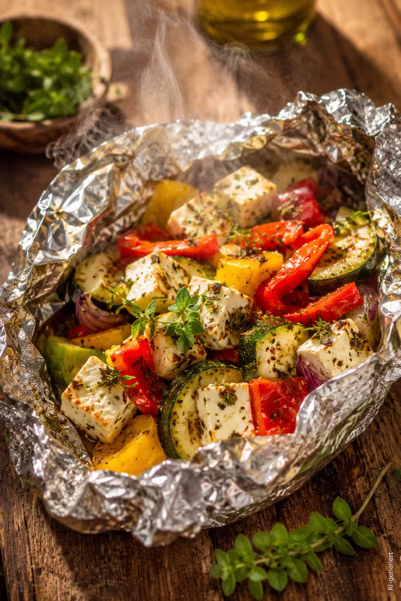 Geöffnetes Grillpäckchen mit Feta, Zucchini, Paprika und Kräutern auf rustikalem Holzuntergrund, warme Sommerstimmung