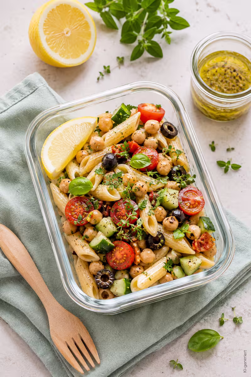Glas-Meal-Prep-Box mit veganem Nudelsalat Glas-Meal-Prep-Box mit veganem Nudelsalat, Zitronenspalte, kleines Dressingglas daneben