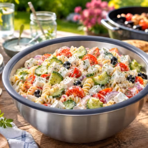 Griechischer Nudelsalat für den Grillabende mit Feta-Dressing 7 Griechischer Nudelsalat für Grillabende mit cremigem Feta-Dressing in einer Edelstahlschüssel auf einem sommerlich gedeckten Gartentisch mit Gurken, Cherrytomaten, Oliven und frischen Kräutern neben einem Grill.