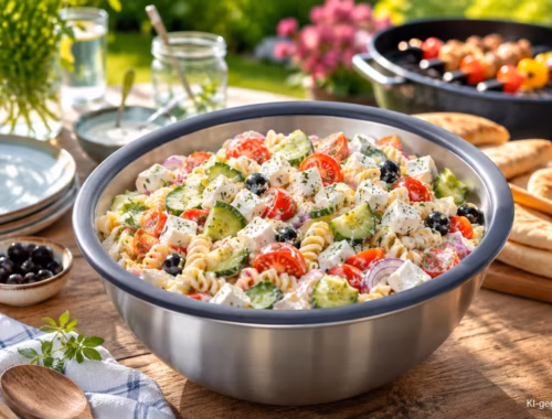 Griechischer Nudelsalat für den Grillabende mit Feta-Dressing 34 Griechischer Nudelsalat für Grillabende mit cremigem Feta-Dressing in einer Edelstahlschüssel auf einem sommerlich gedeckten Gartentisch mit Gurken, Cherrytomaten, Oliven und frischen Kräutern neben einem Grill.
