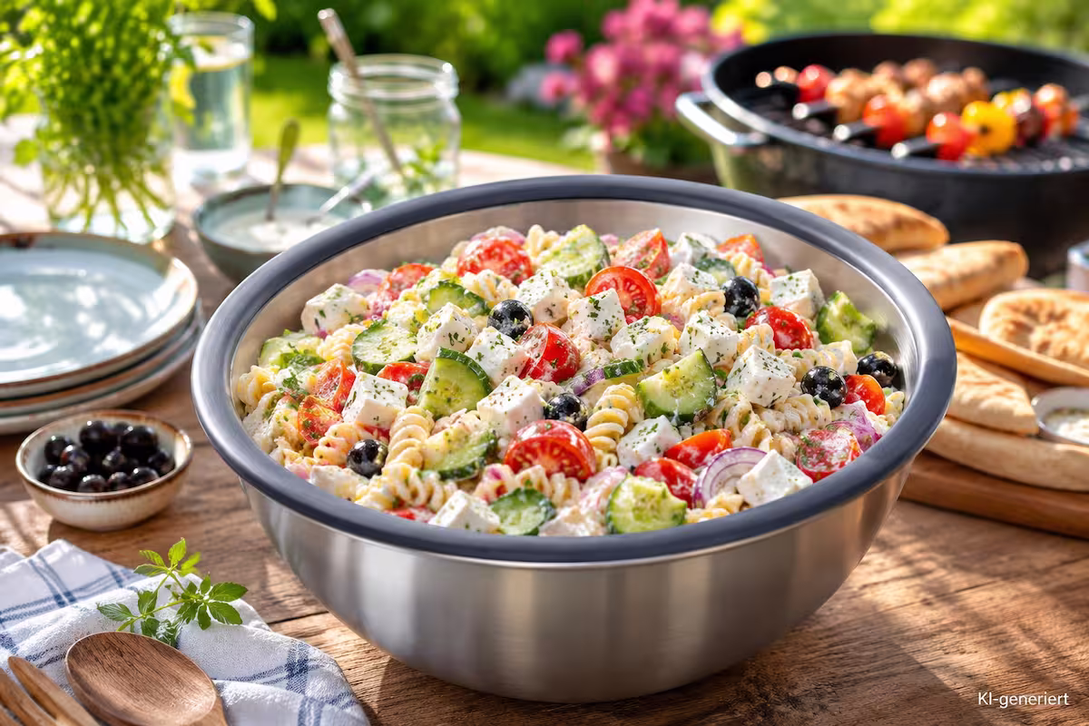 Griechischer Nudelsalat für Grillabende mit cremigem Feta-Dressing in einer Edelstahlschüssel auf einem sommerlich gedeckten Gartentisch mit Gurken, Cherrytomaten, Oliven und frischen Kräutern neben einem Grill.