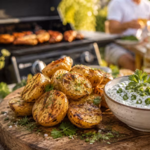 Grillkartoffeln mit Kräuterquark als einfache Grillbeilage auf rustikalem Holzbrett, goldbraun gegrillte Kartoffelhälften mit frischen Kräutern und cremigem Dip vor sommerlicher Grillkulisse im Garten.