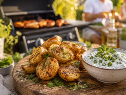 Grillkartoffeln mit Kräuterquark als einfache Grillbeilage auf rustikalem Holzbrett, goldbraun gegrillte Kartoffelhälften mit frischen Kräutern und cremigem Dip vor sommerlicher Grillkulisse im Garten.