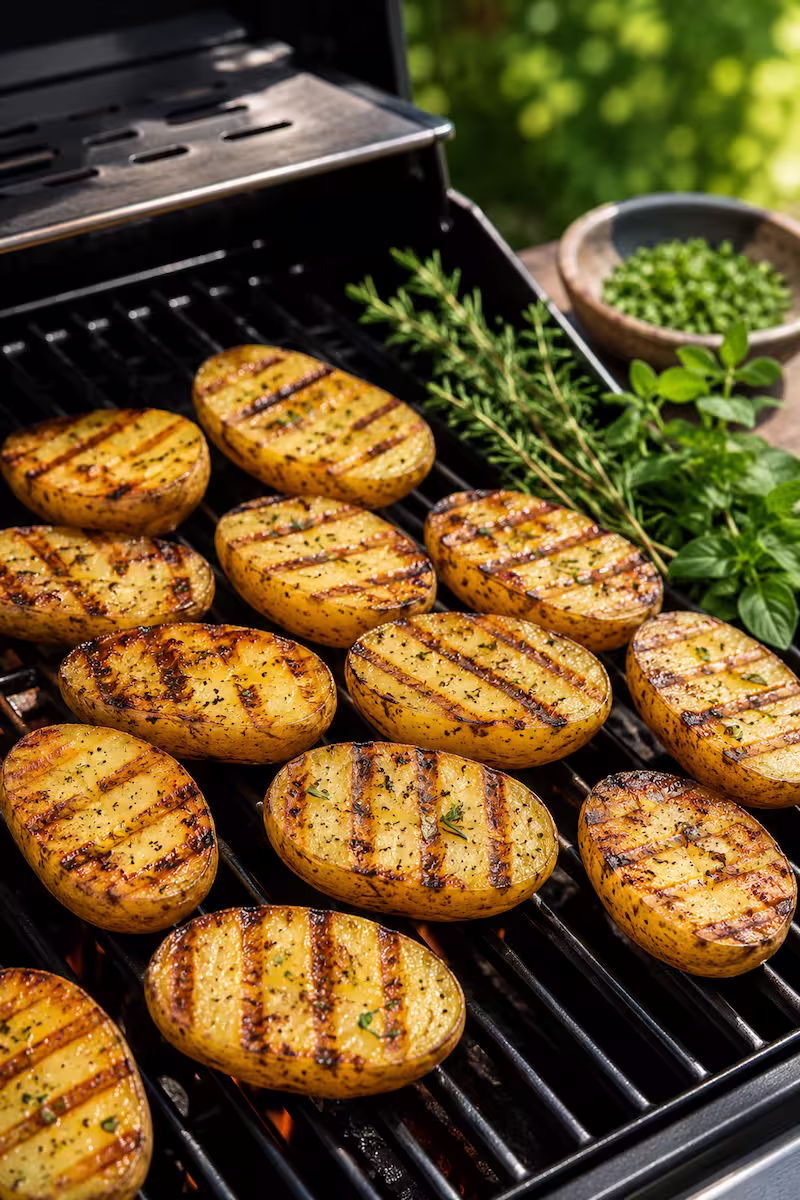 Grillrost mit goldenen Kartoffelhälften Grillrost mit goldenen Kartoffelhälften, sichtbare Grillspuren, frische Kräuter daneben, sommerliches Licht