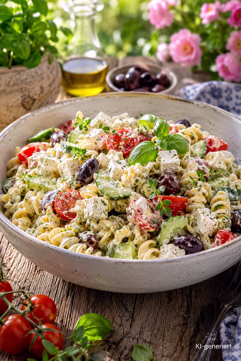 Große Keramikschüssel mit cremigem griechischem Nudelsalat, Fetawürfel, Gurken, Cherrytomaten, Oliven und frischen Kräutern auf rustikalem Holztisch im Garten, sommerliche Food-Fotografie, Nahaufnahme, rechts unten „KI-generiert“