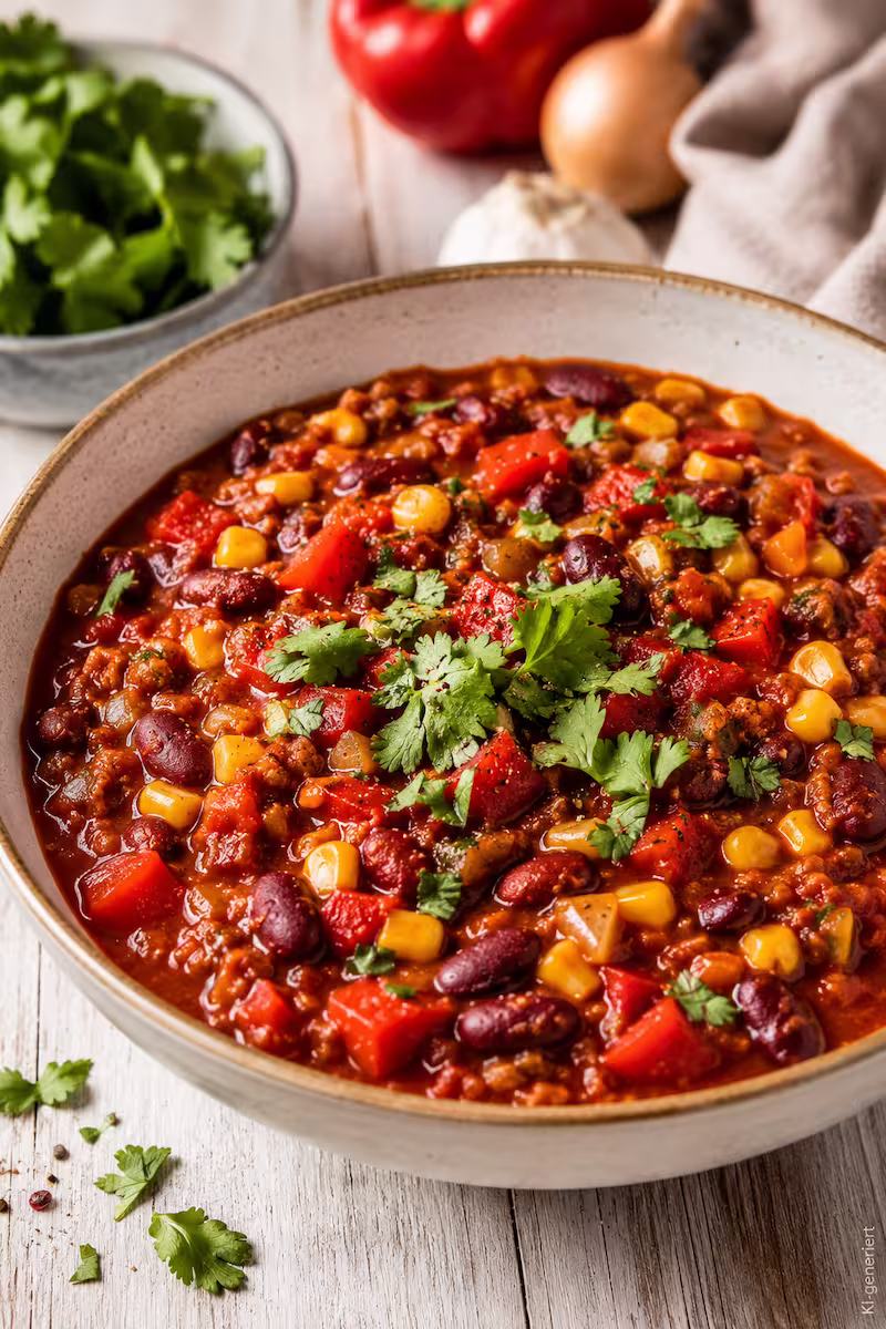 Große Schüssel mit veganem Chili, Kidneybohnen, Mais, Paprikastücken und frischen Kräutern auf hellem Holztisch