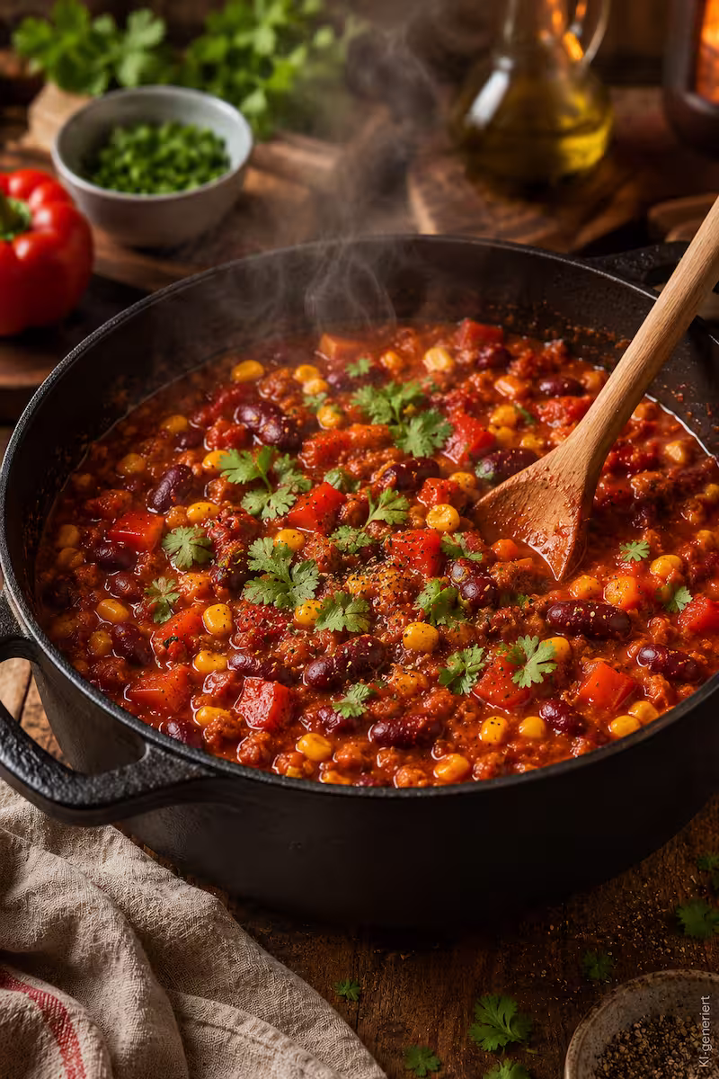 Großer Gusseisentopf mit dampfendem Chili sin Carne, Holzlöffel in Bewegung, rote Bohnen, Mais und Paprika sichtbar