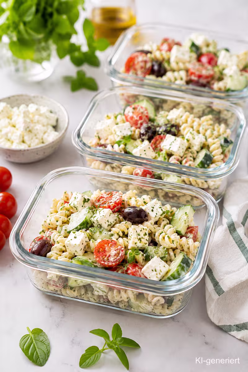 Meal-Prep-Boxen mit griechischem Nudelsalat, Feta, Gurken und Tomaten auf heller Küchenarbeitsplatte, moderne Sommerküche, Pinterest Meal Prep Stil