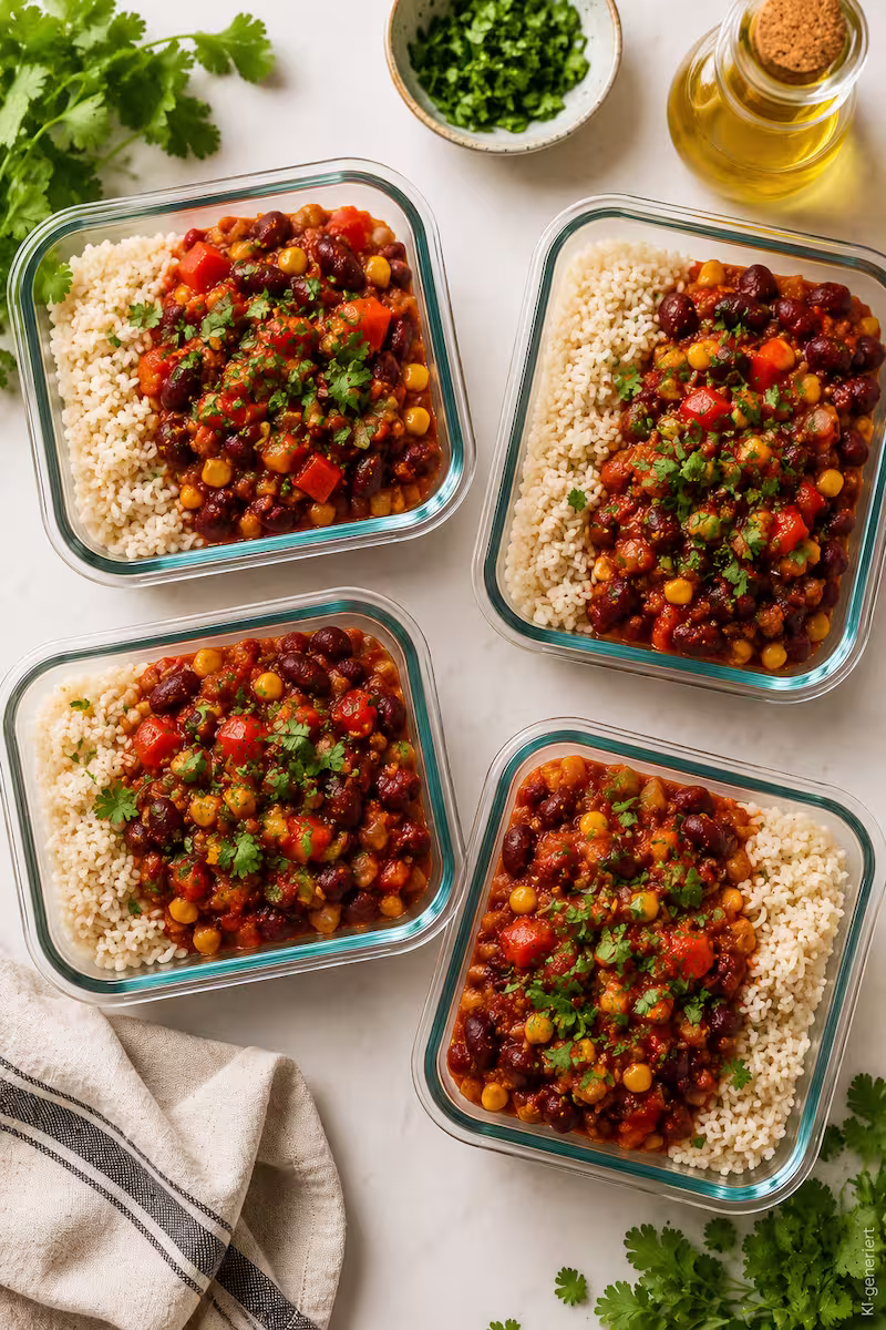 Mehrere Meal-Prep-Glasboxen mit veganem Chili und Reis auf heller Küchenarbeitsplatte, Draufsicht, frische Kräuter, moderne Vorratsküche,